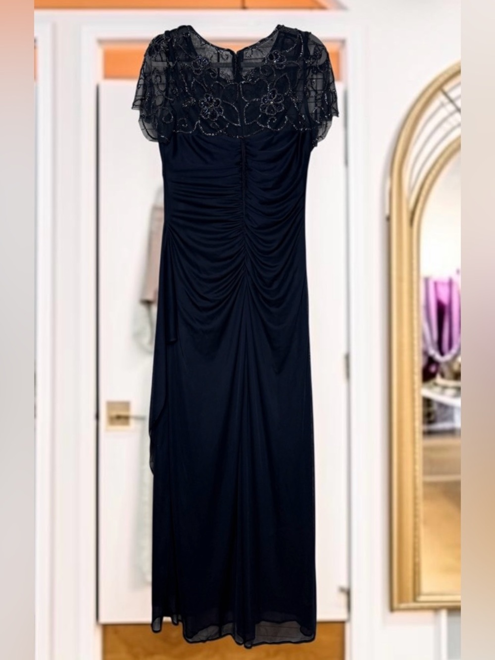XSCAPE Dahlia Long Sheer Matte Jersey Beaded Top Dress Navy Size 12 - Picture 6 of 15
